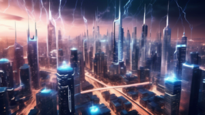 A futuristic cityscape with 5G towers soaring high into the sky, transmitting data at lightning speeds, unlocking a new era of connectivity and innovation.