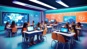 A vibrant and futuristic classroom where students are engaged in interactive digital learning experiences with advanced technology, showing the transformat