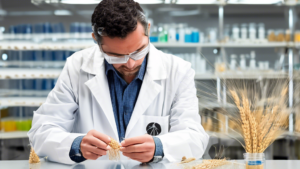 A photo of a scientist in a lab coat using genetic engineering to create a new strain of wheat, with a DNA strand in the background.