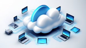 A futuristic image representing cloud computing with data storage and accessibility at any time and anywhere.