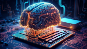 A digital illustration of a computer learning and developing, with intricate circuitry and a glowing brain inside.