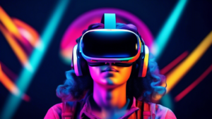 A virtual reality headset with vibrant and immersive graphics, showcasing various forms of entertainment such as gaming, movies, and live performances, sym