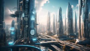 A futuristic cityscape with towering skyscrapers and advanced technology, representing the transformative power of artificial intelligence as the next tech